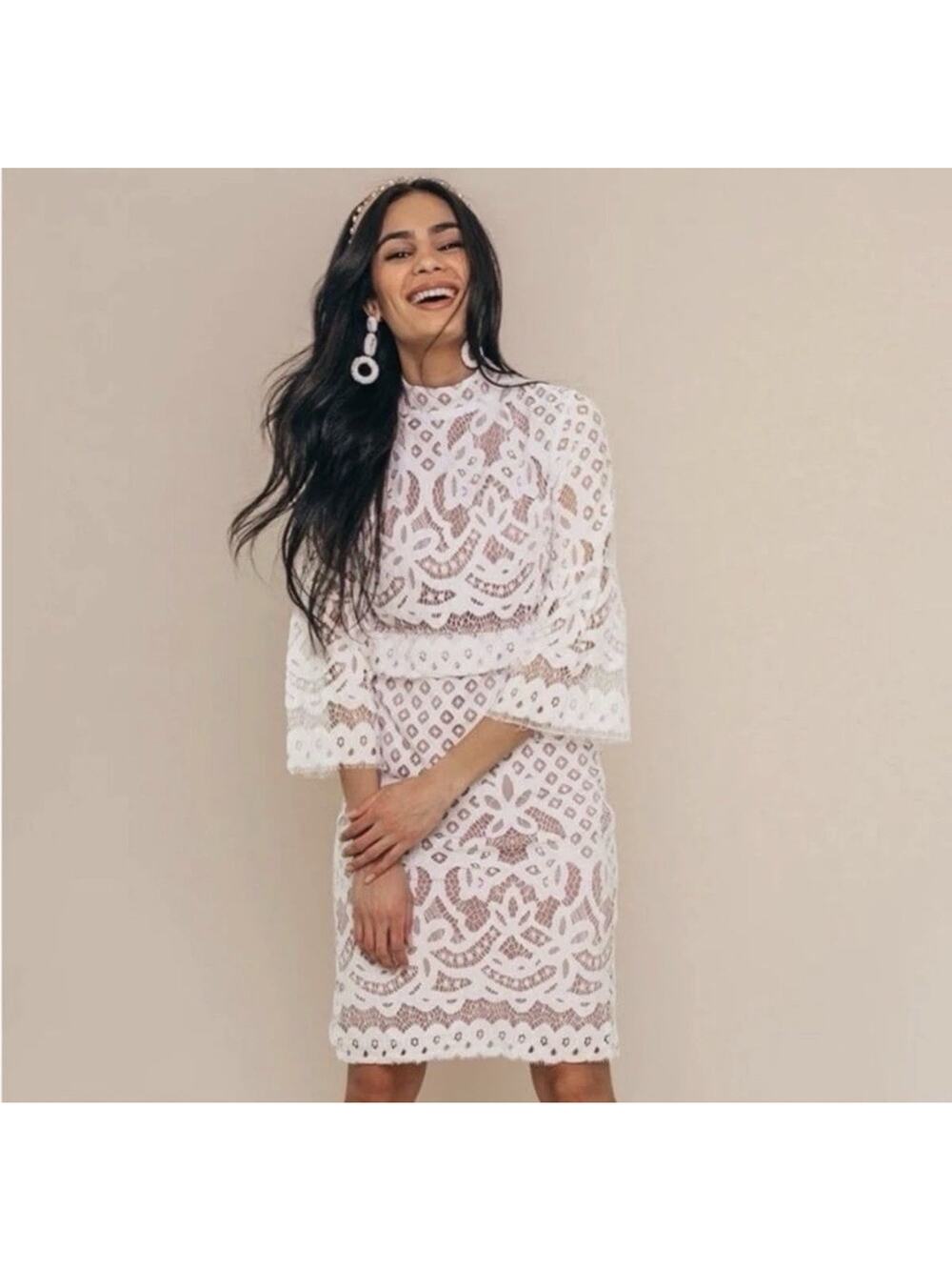 Ivy City Co Lacey White Lace Midi Dress Temple Church Wedding Small New Af22